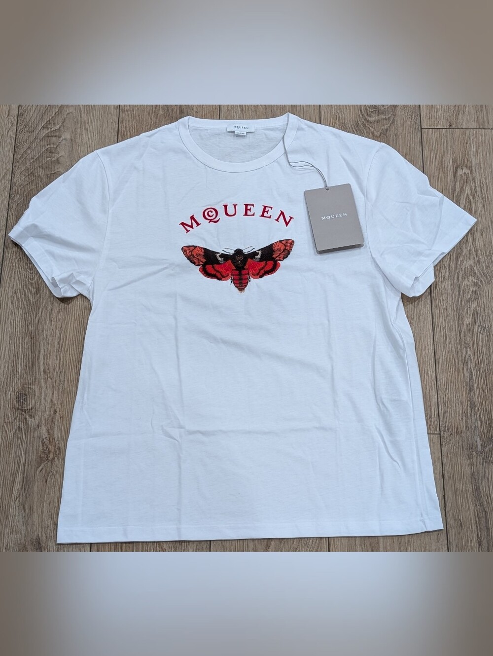 $520 Mens Alexander McQueen Moth Print Crewneck T-Shirt White/Red Large